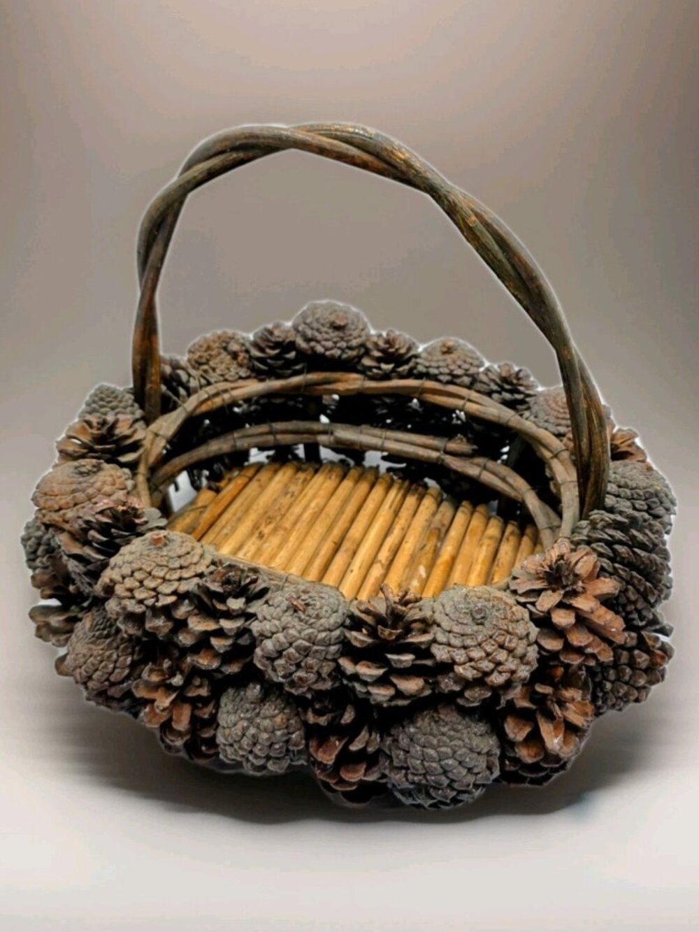 Rustic Primitive Pine Cone Basket  With Handle Christmas, Fall Decor Vintage